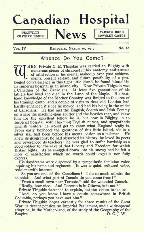 Canadian Hospital News, March 10, 1917, page 1.