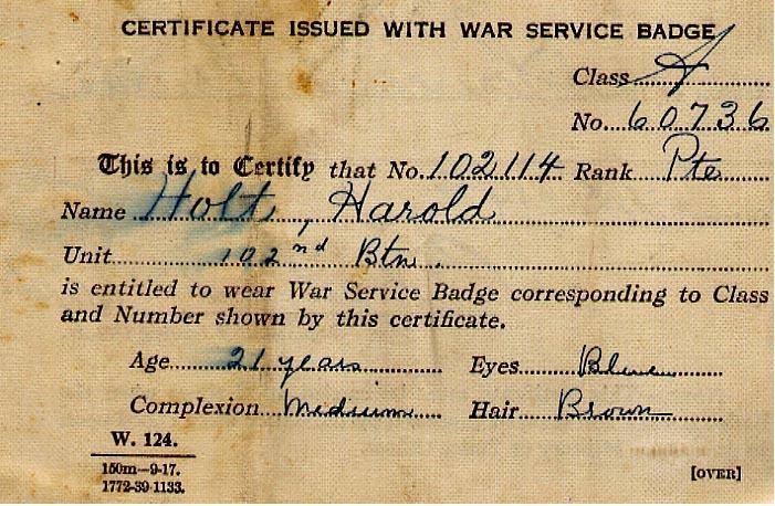 War Service Badge card, front