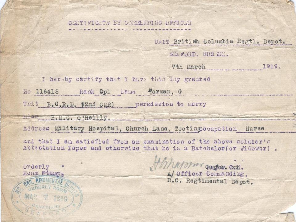 Permission to marry certificate, 1919