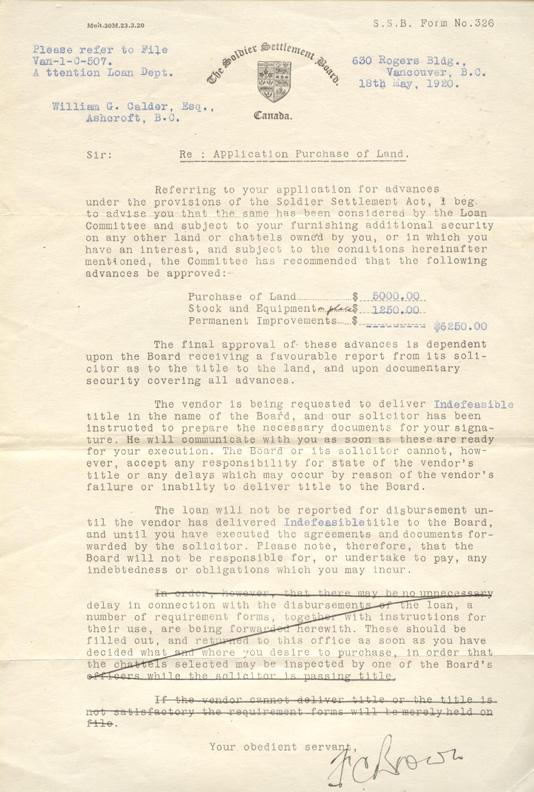 Application to
Soldiers Settlement Board
For Land Purchase
May 18, 1920