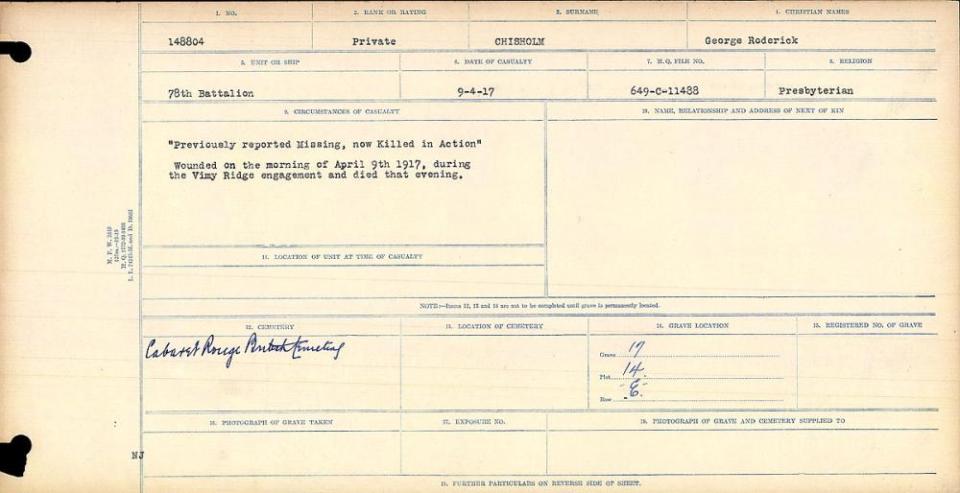 Chisholm.George.War graves.Vimy.1917