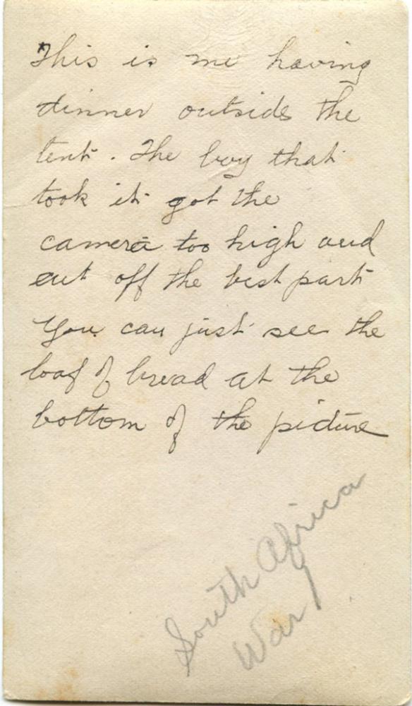 Back view of having dinner outside the tent., Africa, WWI, Pte. Harold Dean Collection, B.E.F.