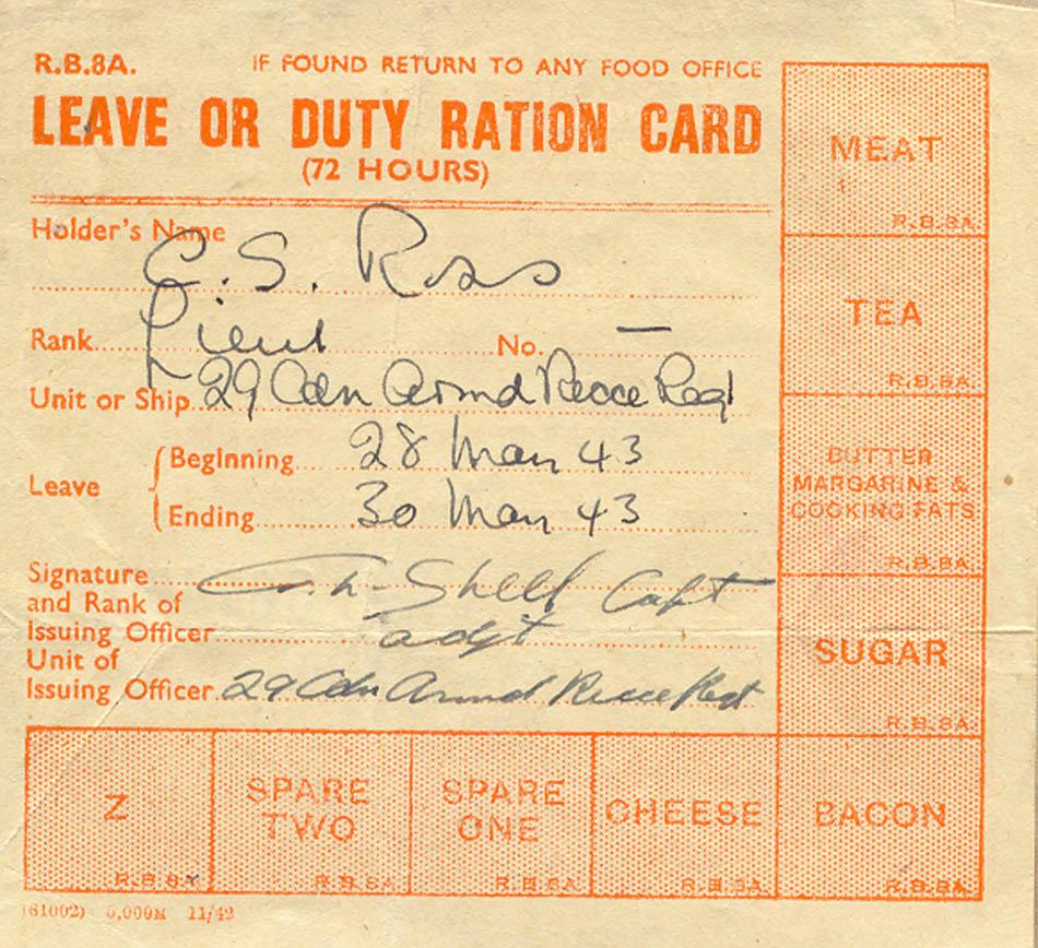 Leave or Duty Ration Card