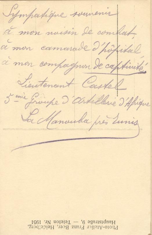 Back view: Portrait of Lt. Castel, 5th Group African Artillery Heidelberg P.OW. 1916 WWI