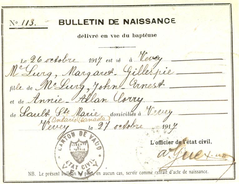 Birth certificate of daughter, born while at Mürren P.O.W. Camp, Switzerland, 1917 WWI
