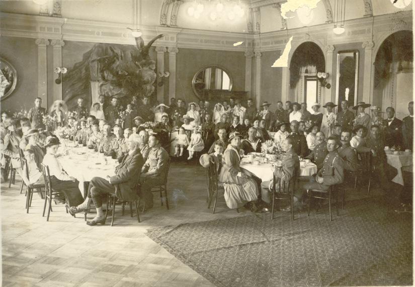 Group shot of wedding party & guests, Mürren P.O.W. Camp, Switzerland, 1916-1917 WWI