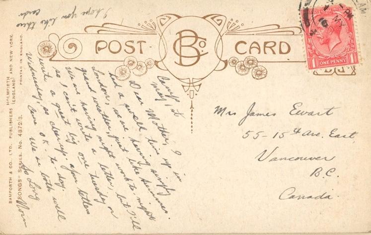 Camp May 1st

Dear Mother, I had a swell time in London, we are having simply grand weather, just like summer.  We are having night work to-night so I can't write a letter, but I will write a great big one on Tuesday or Wednesday, so cheer up.  Your letters came OK today.  
We are both well

So long,
Norm