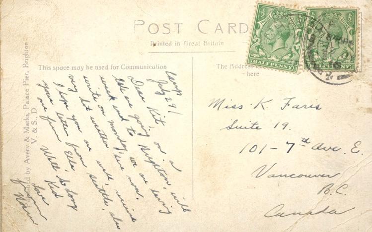 Camp 
July 29

Dear Kit,
We are going on a weekend in Brighton, will write on Monday, we are having very hot weather here right now.  I'm hoping you are well, receive your letter from Seattle, also one from Ella.  
Well so long kid
Love 
from 
Norm