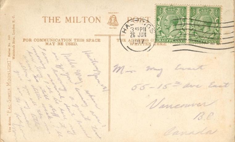 Hastings June 26

Hello May, when are you coming over?  I am having a great time moving around, don't know how long I will be here my arm is still stiff at elbow &amp; a little weak.  I'll give you all the news in my letter to-morrow.

Love from Norm