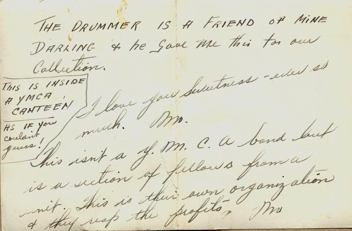 This is inside a YMCA canteen HS if you couldn't guess!
The drummer is a friend of mine Darling &amp; he gave this for our collection.  I love you Sweetness - ever as much.  This isn't a Y.M.C.A. band but is a section of fellows from a unit.  This is their own organization &amp; they reap the profits.  Mo